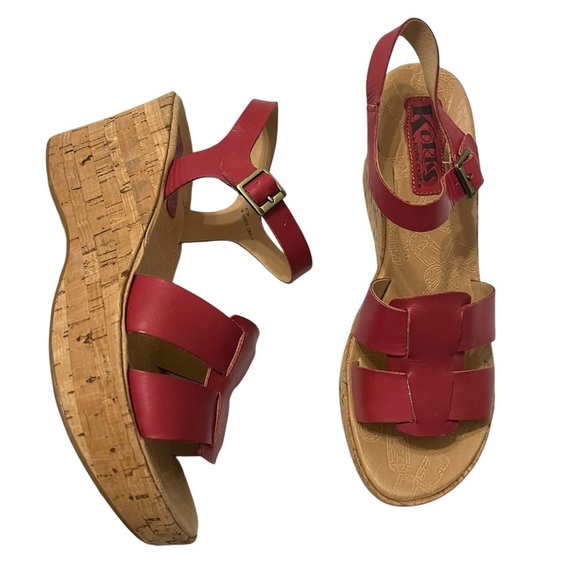 NWOT Korks by Kork Ease Brie Sandals Sz 8 Red Leather Wedge Heel Boho Shoes - Picture 1 of 8